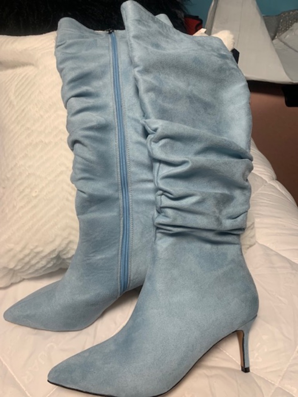 Light blue faux suede scrunch boots